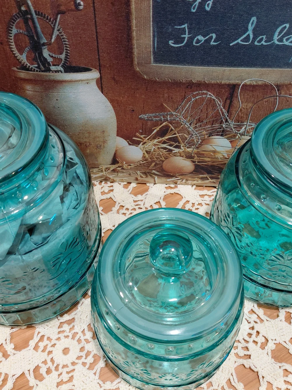 The Pioneer Woman Teal Cassie Embossed Glass Canister Trio with Lids